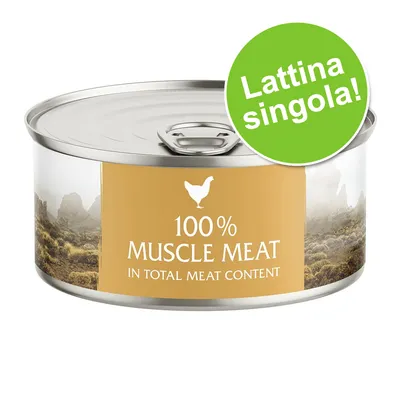 Lattina con etichetta 100% Muscle Meat in total meat content, immagine di paesaggio e scritta verde: Lattina singola! Lattina con etichetta 100% Muscle Meat in total meat content, immagine di paesaggio e scritta verde: Lattina singola!