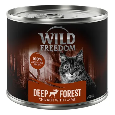 Wild Freedom Deep Forest, 200g blik. 100% graanvrije receptuur met kip en wild. Verpakking toont bosmotief en kat. Wild Freedom Deep Forest, 200g blik. 100% graanvrije receptuur met kip en wild. Verpakking toont bosmotief en kat.