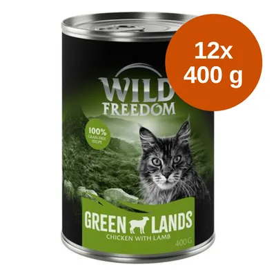 Wild Freedom Green Lands kattenvoer, chicken with lamb, 100% grain-free recipe, 12x400 g blikken zichtbaar op verpakking.