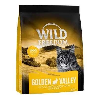 Confezione Wild Freedom Golden Valley, 100% grain-free recipe, lots of fresh poultry meat with rabbit, 400 g. Immagine di un gatto sul fronte.
