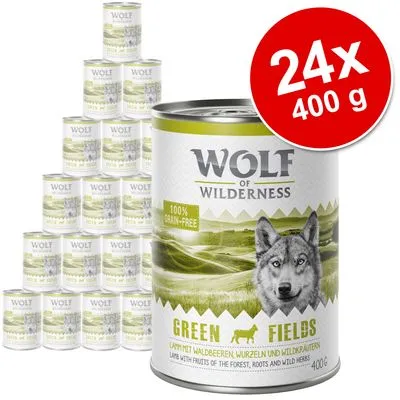 Wolf of Wilderness Green Fields, 24 puszki po 400 g. Widoczny napis: 100% grain-free. Opakowanie z grafiką wilka i krajobrazu.