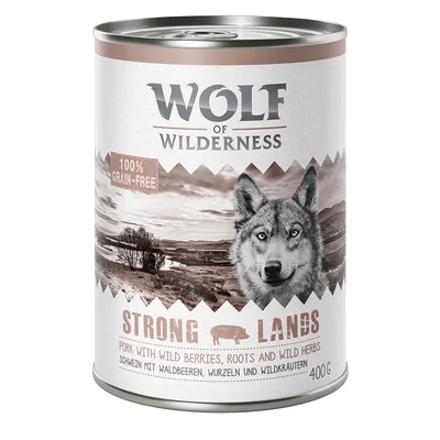 Wolf of Wilderness Strong Lands, porc cu fructe de pădure, rădăcini și ierburi sălbatice, 100% fără cereale, conservă 400g.
