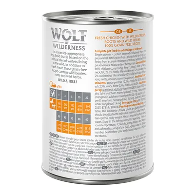 Wolf of Wilderness puszka karmy dla psów, tabela dawkowania: 1 kg – 145 g, 5 kg – 590 g, 10 kg – 810 g, analiza: białko 10 %, tłuszcz 6 %, popiół 2,5 %, energia 378 kJ/90 kcal na 100 g.