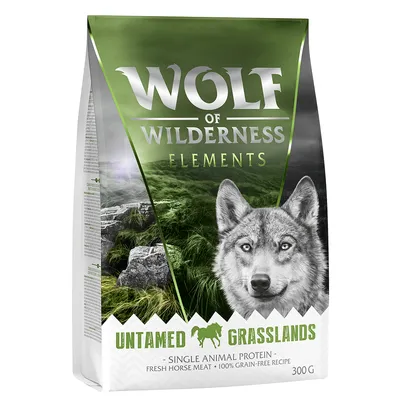 Wolf of Wilderness Elements Untamed Grasslands, single animal protein, fresh horse meat, 100 % grain-free recipe, 300 g. Texte en anglais.
