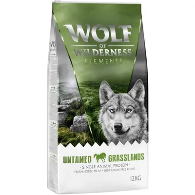 Sac Wolf of Wilderness Elements Untamed Grasslands 12 kg, single animal protein, fresh horse meat, 100 % grain-free recipe. Texte en anglais.