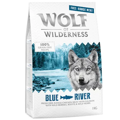 Wolf of Wilderness Blue River, 1kg. 100% grain-free recipe with free-range chicken, salmon, wild berries, roots and herbs.