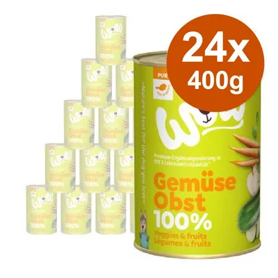 Confezione da 24 lattine da 400 g ciascuna di Wow Gemüse Obst 100%, alimento per cani a base di verdure e frutta. Testo visibile: Veggies & fruits, Légumes & fruits.