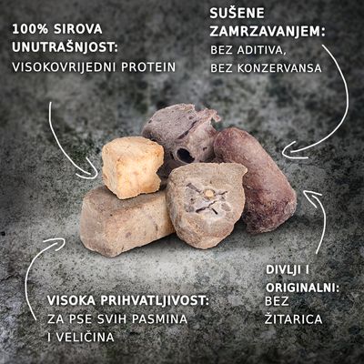 100% sirova unutrašnjost: visokovrijedni protein. Sušene zamrzavanjem: bez aditiva, bez konzervansa. Visoka prihvatljivost: za pse svih pasmina i veličina. Divlji i originalni: bez žitarica.