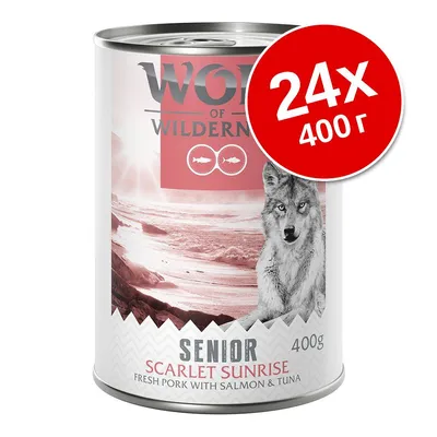Консерва Wolf of Wilderness Senior Scarlet Sunrise, 400 г. Надпис: 24x 400 г. Fresh pork with salmon & tuna. Изображение на вълк и пейзаж.