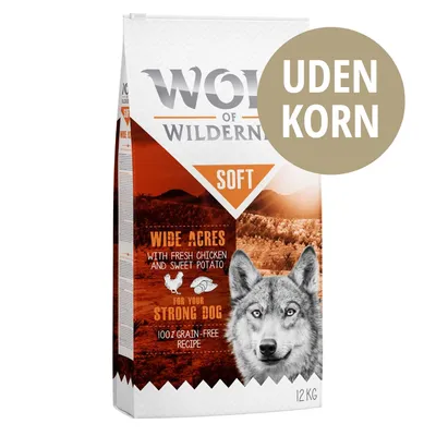 Wolf of Wilderness Soft Wide Acres hundefoder, uden korn, 12 kg. Tekst: with fresh chicken and sweet potato, for your strong dog, 100% grain-free recipe.