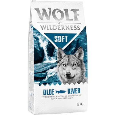 Sac Wolf of Wilderness Soft Blue River, 12 kg, texte visible : with fresh salmon and chicken meat, 100% grain-free recipe.