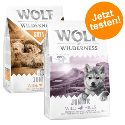 Lot mixte Little Wolf of Wilderness Junior 2 x 1 kg pour chiot - lot mixte 2 variétés : poulet (Soft & Strong), canard