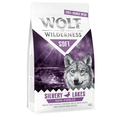 Wolf of Wilderness Soft Silvery Lakes Mini Kibbles, 1 kg. Fresh free-range chicken meat with duck, 100% grain-free recipe. Text în limba engleză.