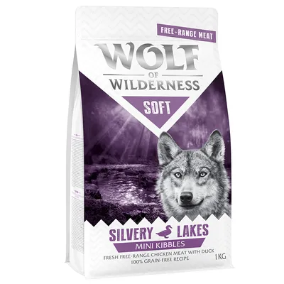 Wolf of Wilderness Soft Silvery Lakes Mini Kibbles, 1 kg, free-range meat, fresh free-range chicken meat with duck, 100 % grain-free recipe, texte en anglais.