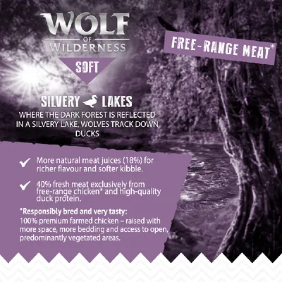 Wolf of Wilderness Soft Silvery Lakes: 18% natural meat juices, 40% fresh free-range chicken and duck protein, responsibly bred premium farmed chicken with more space and bedding.