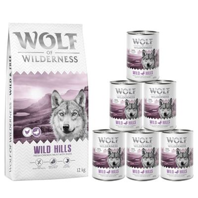 Wolf of Wilderness Wild Hills 12 kg száraz táp és 6 konzerv. Lila-fehér csomagolás, felirat: 100% grain-free recipe, Próbálja ki! narancssárga körben.