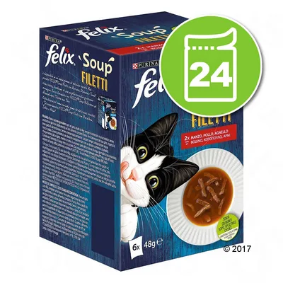 Felix Soup Filetti, 6×48g, hovězí, kuře, jehněčí. Na obalu obrázek kočky a talíře s polévkou. Zelená ikona s číslem 24 v pravém horním rohu.