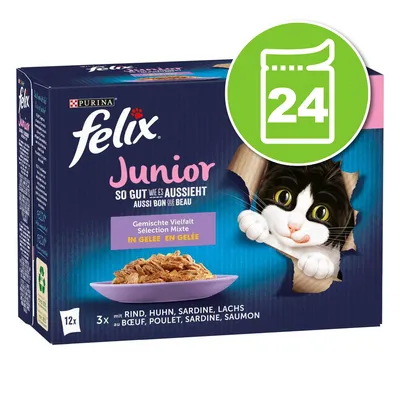 Boîte Felix Junior Sélection Mixte en gelée, 12x sachets au bœuf, poulet, sardine, saumon. Surligné : icône verte avec 24.