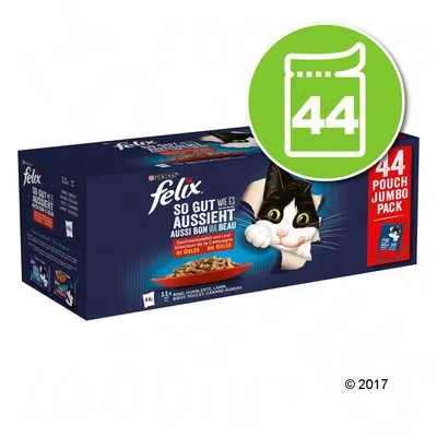 Boîte Felix So Gut Wie Es Aussieht Aussi Bon Que Beau, 44 sachets jumbo pack, sélection de la campagne en gelée : bœuf, poulet, canard, agneau. Texte en allemand et français visible. Boîte Felix So Gut Wie Es Aussieht Aussi Bon Que Beau, 44 sachets jumbo pack, sélection de la campagne en gelée : bœuf, poulet, canard, agneau. Texte en allemand et français visible.