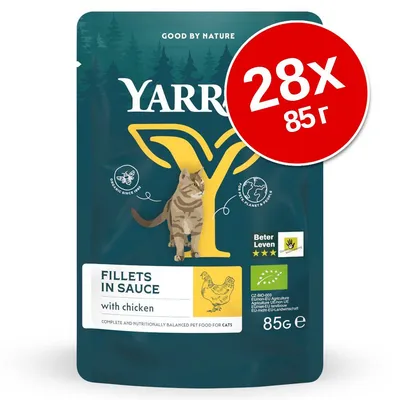 Yarrah Fillets in Sauce with chicken, 28×85 г пауч за котки. Видими са сертификат Beter Leven с 3 звезди и био знак. Изобразена е котка и пиле.
