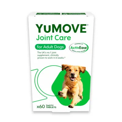 YuMOVE Joint Care pre dospelé psy, 60 chutných tabliet. Klinicky preukázaná účinnosť za 6 týždňov. Powered by ActivEase zelená mušľa.