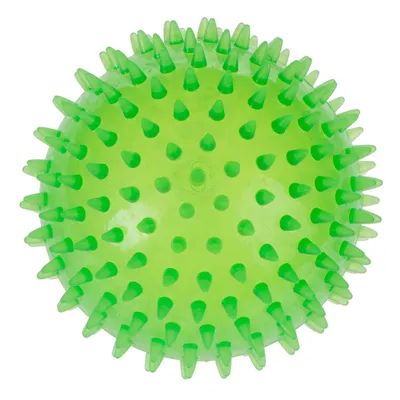 Green rubber ball with evenly spaced soft spikes covering the surface, designed for interactive play or massage.