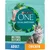 Purina ONE DualNature cat food pouch, visible text: Natural Defense, Adult, Chicken. Image shows a grey cat, raw chicken piece, green powder and root vegetable on turquoise background.