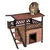 Holz-Katzenhaus mit Treppe, überdachtem Balkon und rotem Dach. Katze steht auf dem Dach.