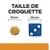 Taille de croquette : comparaison visuelle entre une croquette ronde de 9 mm et un dé bleu de 16 mm, texte inclus « TAILLE DE CROQUETTE » en haut de l’image.