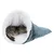 Cuddle cave in blue with white lining, suitable for small pets. Shown is a sleeping cat inside the cave.