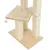 Rascador para gatos con base y postes de sisal, plataforma acolchada beige y pelota colgante. Estructura de madera clara visible.