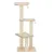 Árvore para gatos com três plataformas almofadadas bege, postes revestidos a sisal e três bolas penduradas. Base retangular em madeira clara visível.