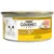 Purina Gourmet Gold Mousse с курицей, корм для кошек в жестяной банке, жёлтый дизайн с белой кошкой и изображением мусса на тарелке.