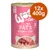 Woo Cat Premium Junior Paté Geflügel & Leber, 12x400g, graanvrij. Blik met afbeelding van paté en stukjes vlees. 70% gevogelte. Voor katten. Tekst in meerdere talen zichtbaar.