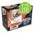 Sheba Fine Flakes in Jelly Succulent Collection, visible flavours: beef, lamb, turkey, chicken. Box with image of grey cat and plate of food. Green icon with number 12 on sachet.