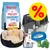 Rocco Mealtime Junior Hundefutter mit Huhn, Hundebett, Transportbox, Hundeshampoo, Bürste, Futternapf, blaue Leine und grüne Kotbeutel. Gelbes Prozentzeichen für Rabatt.