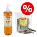 Oferta DIBO: botella de aceite de salmón LACHSÖL y bolsa de piel de salmón LACHSHAUT 50 g. Etiquetas en alemán visibles. Símbolo de porcentaje en círculo rojo.