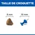 Comparaison de la taille des croquettes : une croquette de 8 mm de diamètre à côté d'une punaise de 10 mm de diamètre.