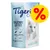 Tigerino Crystals Silicate Litter Classic Sensitive 5L. Texto visible: light & economical, stops odours, inhibits bacterial growth, dust-free. Símbolo de porcentaje en rojo y amarillo. Tigerino Crystals Silicate Litter Classic Sensitive 5L. Texto visible: light & economical, stops odours, inhibits bacterial growth, dust-free. Símbolo de porcentaje en rojo y amarillo.