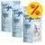 Tigerino Crystals Silicate Litter Classic, 3 Beutel mit Symbolen: leicht, geruchshemmend, hemmt Bakterienwachstum, staubfrei. Gelbes Prozentzeichen mit roten Pfoten.