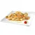 Chunks of cooked meat with visible pieces of carrot and green herbs in gravy, served on a white square plate. Small garnish with red vegetable and basil leaf on the side.