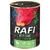 Boîte de nourriture pour chien adulte RAFI with game, grain free, avec images de viande, myrtilles et canneberges. Texte visible : complete protein, carefully selected ingredients, no preservatives. Boîte de nourriture pour chien adulte RAFI with game, grain free, avec images de viande, myrtilles et canneberges. Texte visible : complete protein, carefully selected ingredients, no preservatives.
