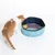 Oranje-witte kat naast een opvouwbaar blauw huisdierbad met ronde gele spons erin, bad van kunststof materiaal.