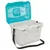 Plastic transport box with ventilation slots, turquoise lid, black carrying strap and white base. Lid open, suitable for safe transport.