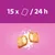 Feeding guide showing 15 pieces per 24 hours, with an image of a filled treat and milk splash.