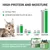 Vergelijkingstabel: Schesir Chicken Fillets in Jelly vs. prooi, eiwit 12%/11%, vet 0,5%/3%, koolhydraten 0,8%/1%, vocht 85%/83,5%. Verpakking Schesir zichtbaar.