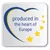 prodotto nel cuore dell’Europa, testo con stelle gialle e simbolo a forma di cuore blu e giallo.