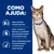 Texto: Como ajuda: Ajuda a proteger a função renal vital; Ajuda a controlar as alterações no microbioma gastrointestinal causadas por insuficiência renal; Apoia a capacidade natural de desenvolvimento e manutenção de massa muscular. Gato com coleira azul à direita.