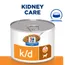 Hill's Prescription Diet k/d burk med våtfoder, texten 'KIDNEY CARE', 'ORIGINAL' och symbol för hund. Synlig etikett med ActivBiome+ Kidney Defense.