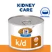 Hill's Prescription Diet k/d burk med våtfoder, texten 'KIDNEY CARE', 'ORIGINAL' och symbol för hund. Synlig etikett med ActivBiome+ Kidney Defense.